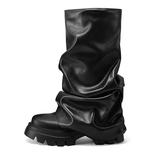 VOMIRA Women's Fold Over Boots Slouchy Boots Wide Calf Pleated Platform Boots Glitter Metallic Silver Boots Chunky Stacked Boots Mid Calf Boots - 6 - 2black