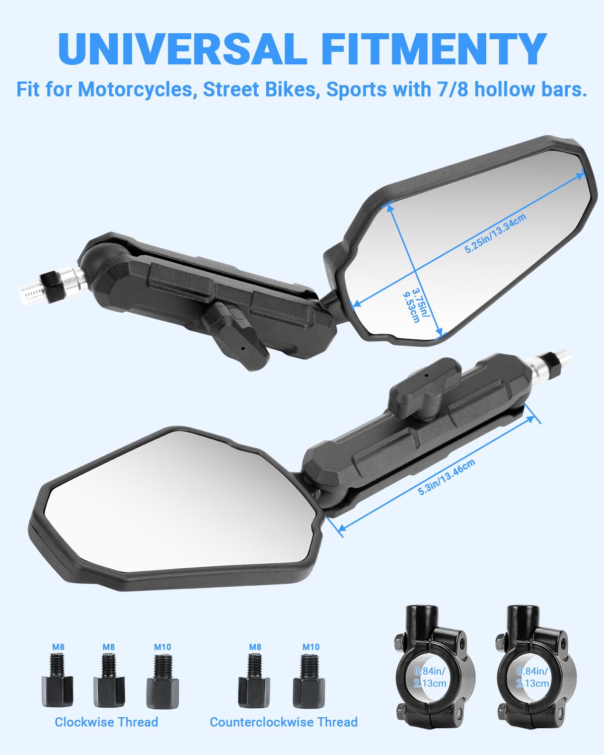 SUPAREE Espejo Retrovisor Moto Universal Retrovisores Moto Homologados Manillar Plegable Espejo Moto Trail Giratorio de 360 ° con E-mark M10/M8 Compatible Street Bike Cruiser ATV 1 Paire