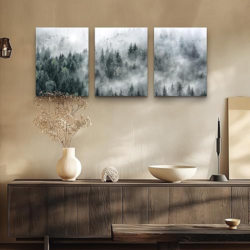 Miniatura 5 de Lienzo decorativo de pared para sala de estar, decoración de pared moderna para dormitorio, bosque brumoso, árboles, paisaje, pintura de pared,