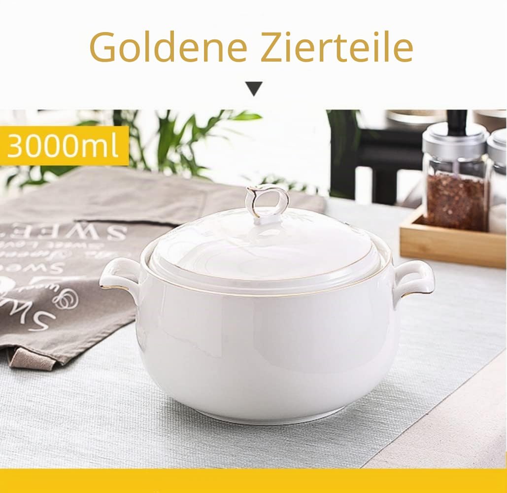 Suppenterrine aus Keramik mit Deckel, 3 l, große Kapazität, Servierturene mit Doppelgriffen für Küche, Porzellan, Weiß mit Goldrand, mikrowellen- und spülmaschinenfest (Typ2)