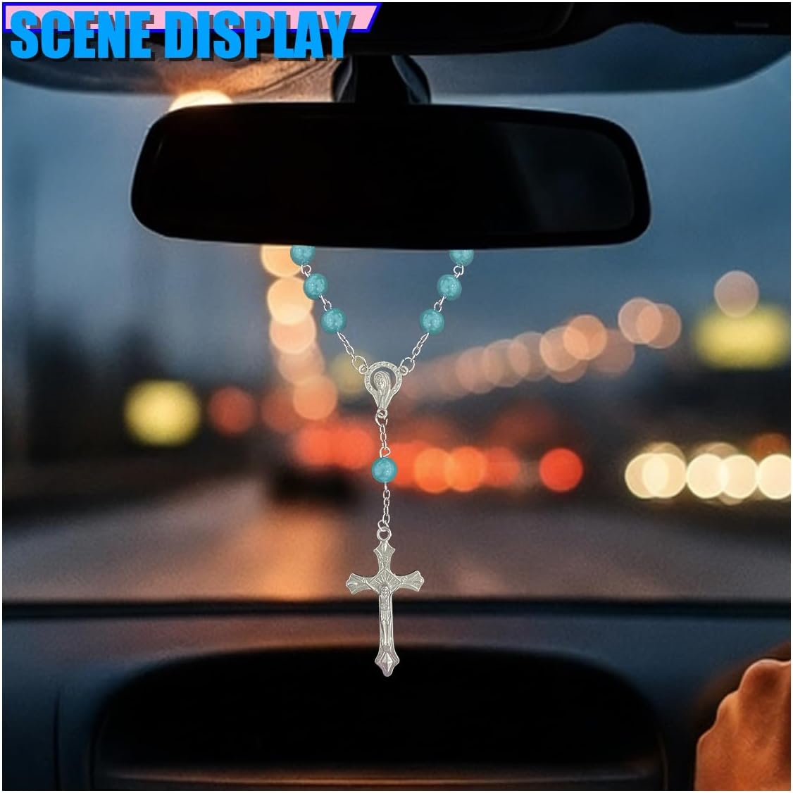 Craedli 2PCS Rosary Car Rear View Mirror Charm, Personalized Medal and Cross Automotive Interior Pendant, Universal Vehicle Mirror Hanging Ornament Accessories for Women Men(Blue) image 3