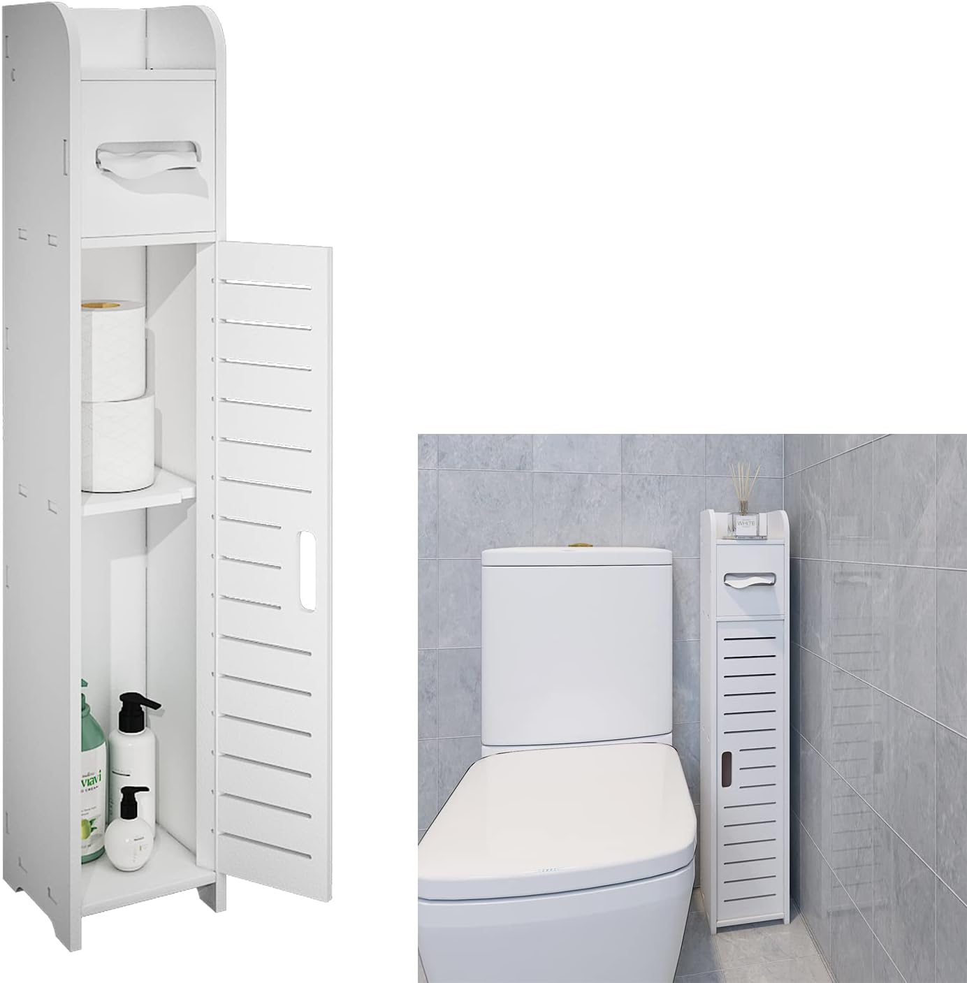 FRSTONE Small Bathroom Storage Toilet Paper Storage Corner Floor Cabinet with Doors and Shelves Bathroom Organizer Furniture White