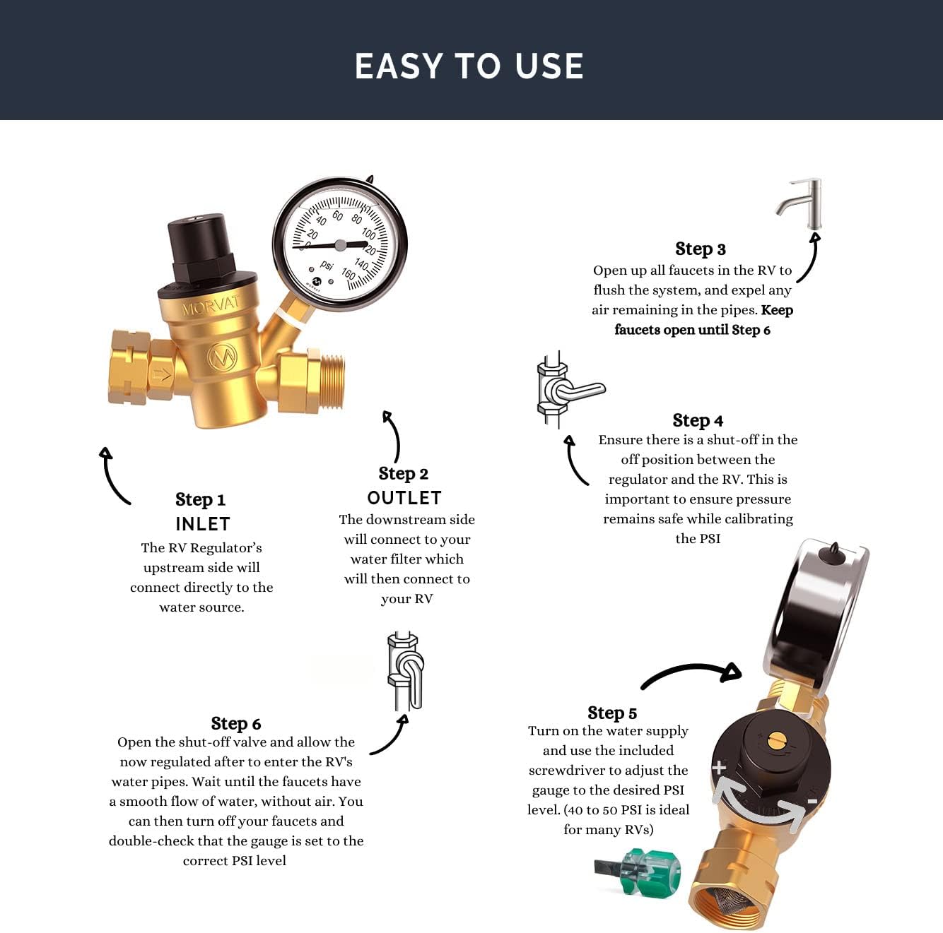 Morvat Adjustable Premium Brass RV Water Pressure Regulator Valve with Oil Filled Gauge & Lead-Free Brass for Camper, Includes Screwdriver, Roll Of Teflon Tape & 2 Extra Rubber Washers
