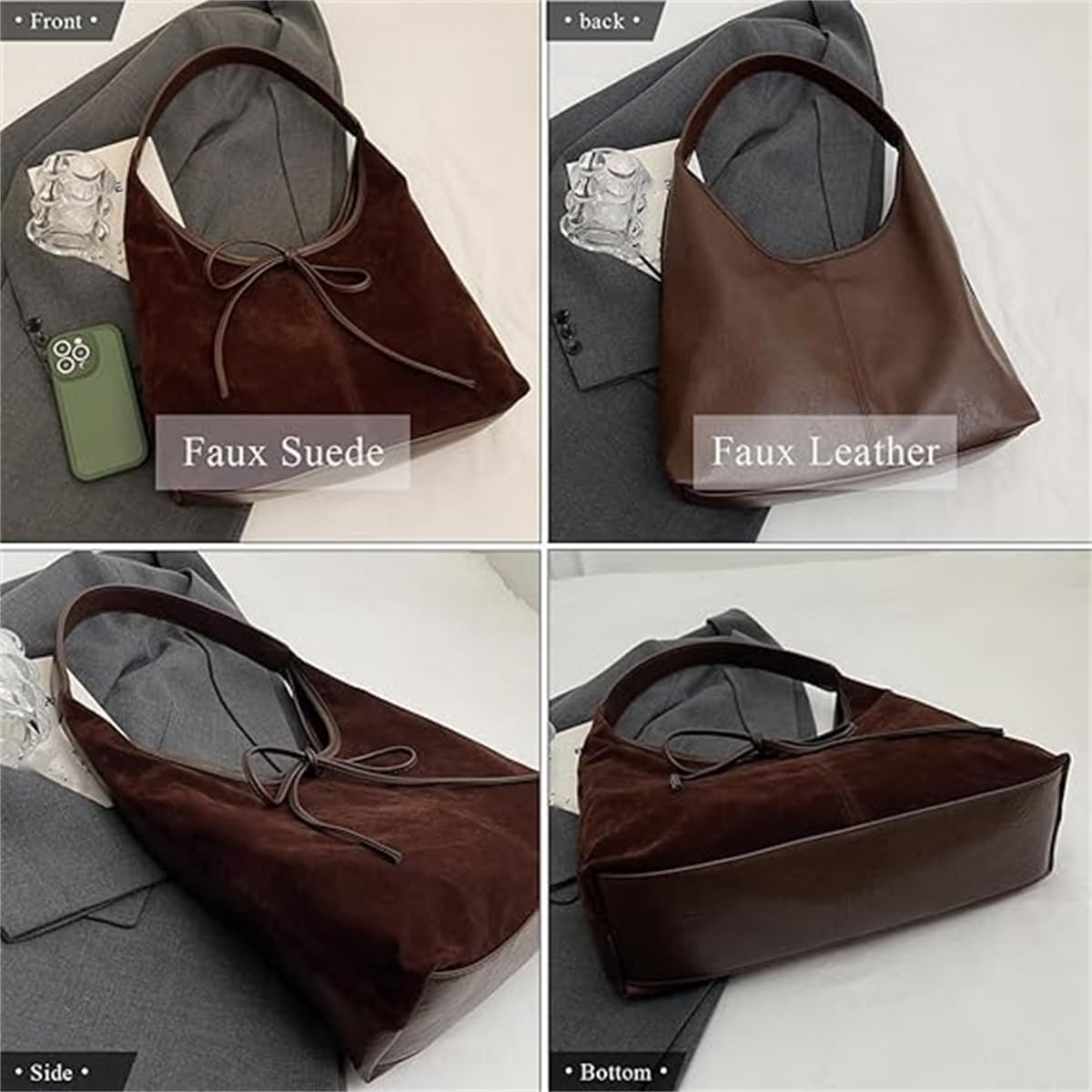 Bow Suede Tote Bag for Women,Trendy Purse Slouchy Hobo Bag with Elegant Bow,Vintage Large Capacity Work Tote Shoulder Handbag - Image 5