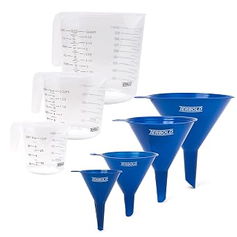 4pc Funnel Nesting Set Blue and 3pc Measuring Cup Set in Clear Plastic with Long Handles