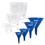 Terbold 4pc Funnel Nesting Set (Blue) and 3pc Measuring Cup Set in Clear Plastic with Long Handles
