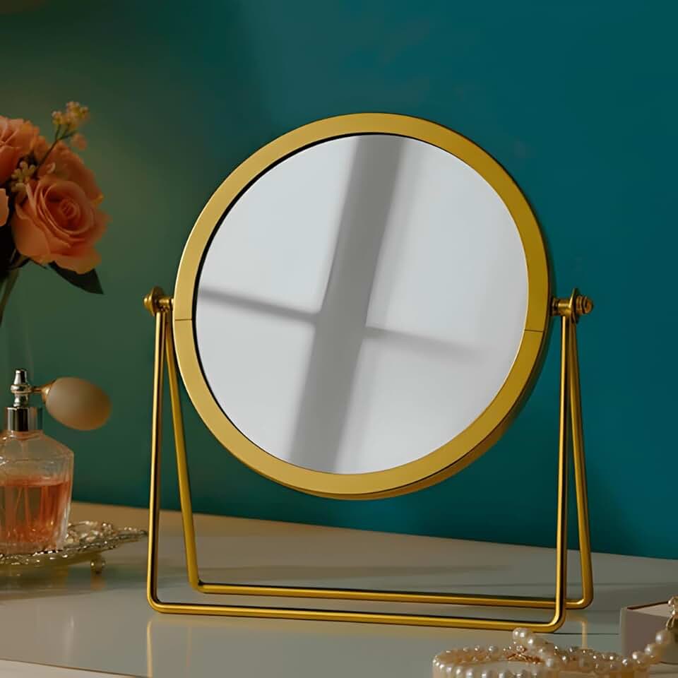 Espelho Redondo Base Dupla Luxo Portátil Moderno Para Penteadeira Bancada Cloused Maquiagem Blogueira Store (Dourado)