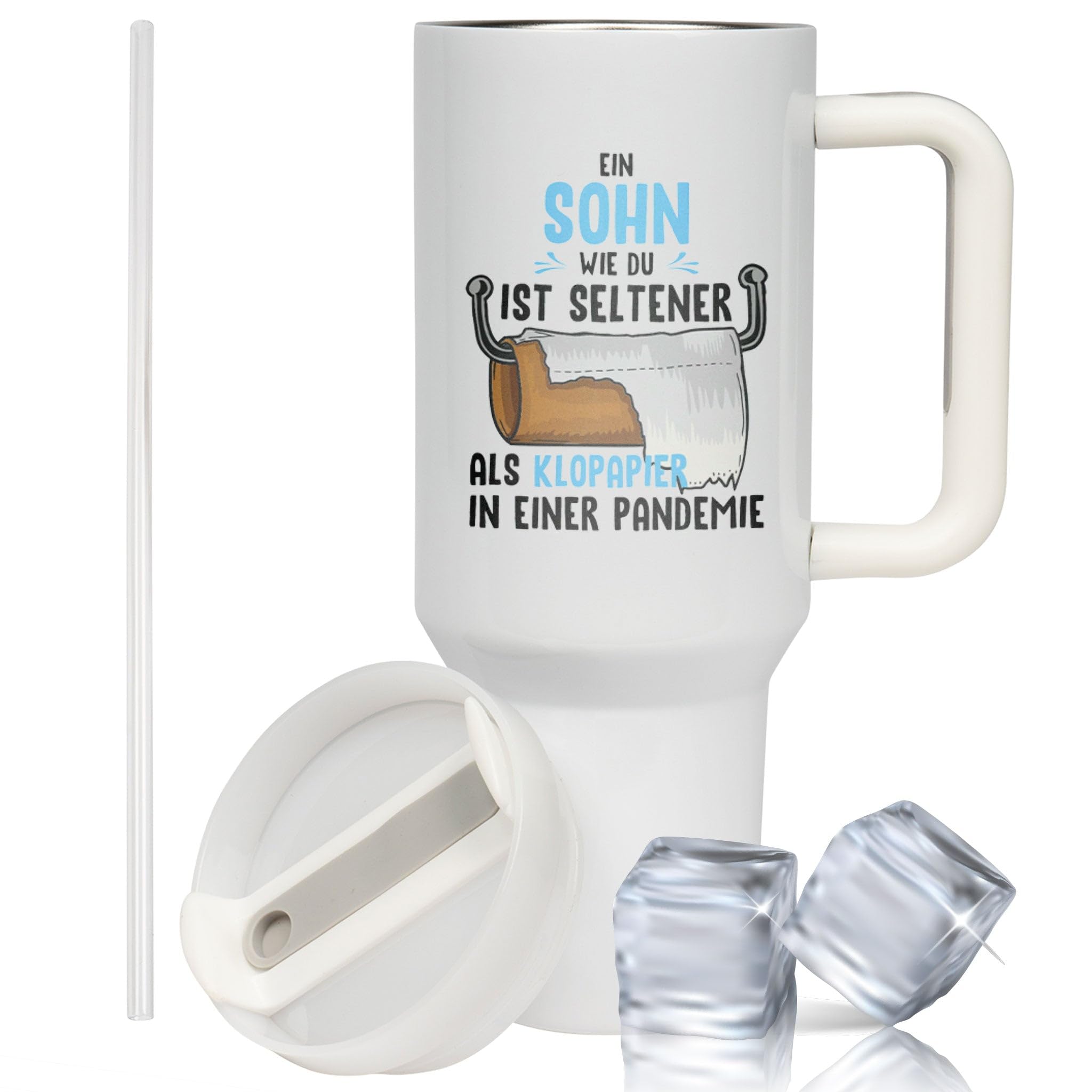 XXL Thermobecher für Sohn – Lustiges Geschenk zum Geburtstag & Weihnachten – Edelstahl Trinkflasche, Weiß mit Klopapier Spruch (WIEDERVERWENDBAR)