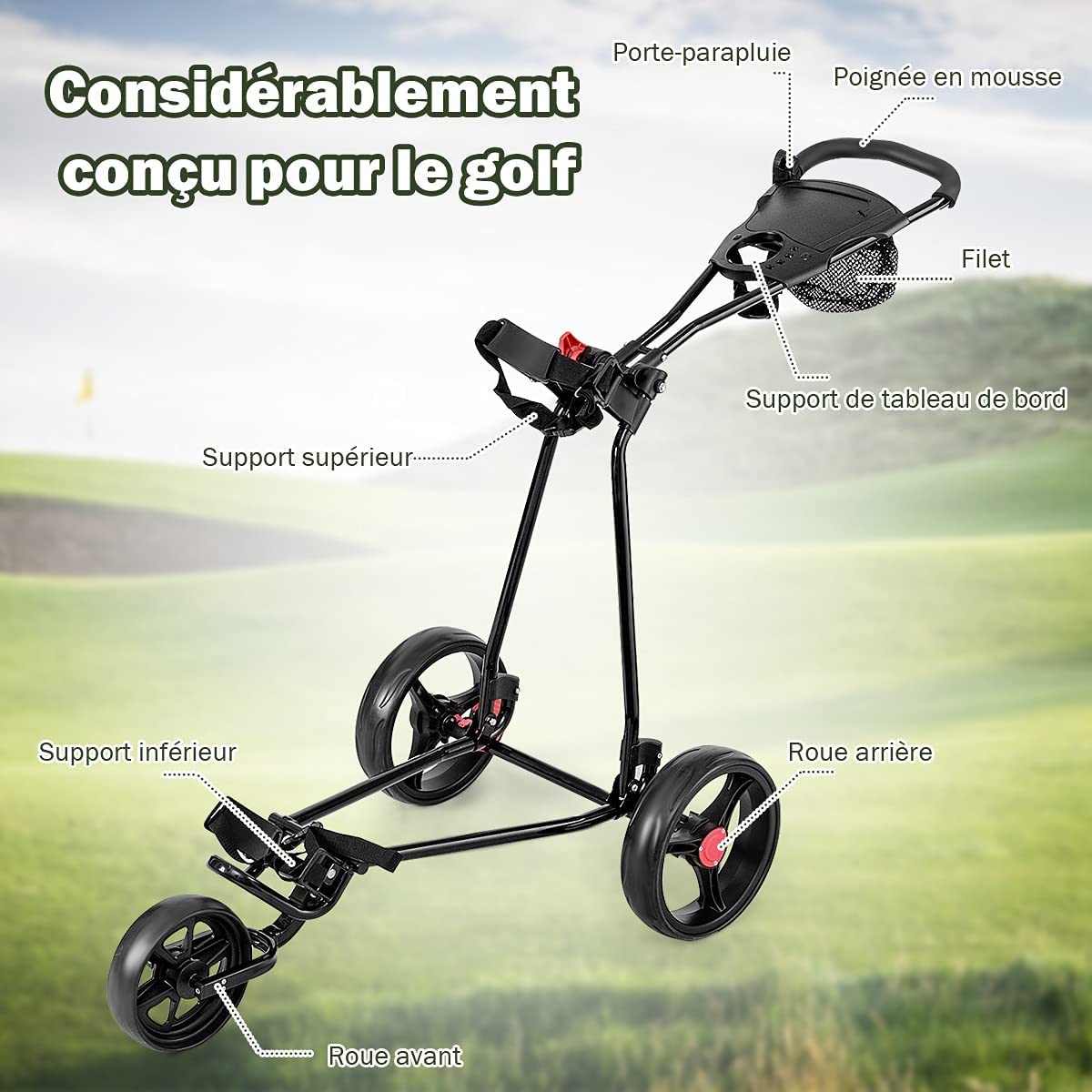 GYMAX Chariot de Golf à 3/4 Roues, Voiturette Golf Pliable avec Poignée Réglable et Sacs en Maille, Chariot de Golf Manuel avec Roues Amovibles avec Freins