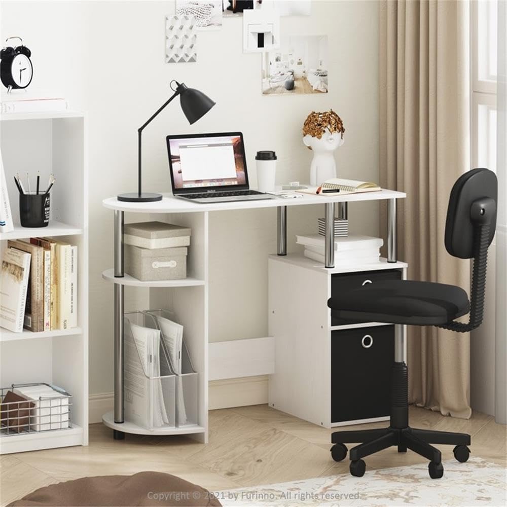 Pemberly Row Computer/Study Desk, 38.4 W x 15.6 D x 28.5 H in, Composite Wood with Stainless Steel Tubes, Bin Drawers, Side Storage Shelf, Modern Space-Saving Design for Apartments and Dorms