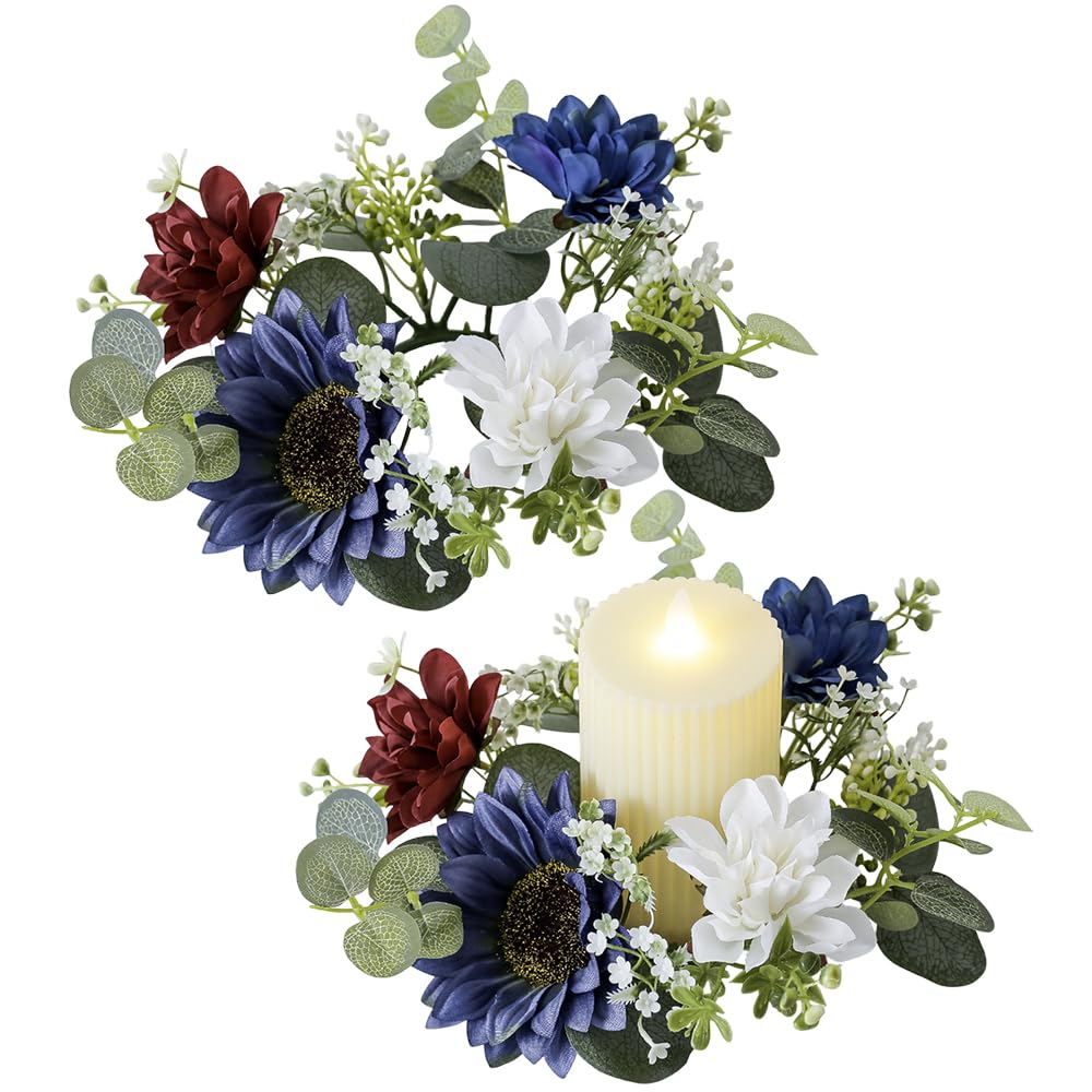 2Pcs July 4th Wreaths Patriotic Candle Rings 3 Inch Center Americana Dahlia Mini Wreath for Cabinet Pillar Candles Window Wall Farmhouses Home Decor (Colorful)