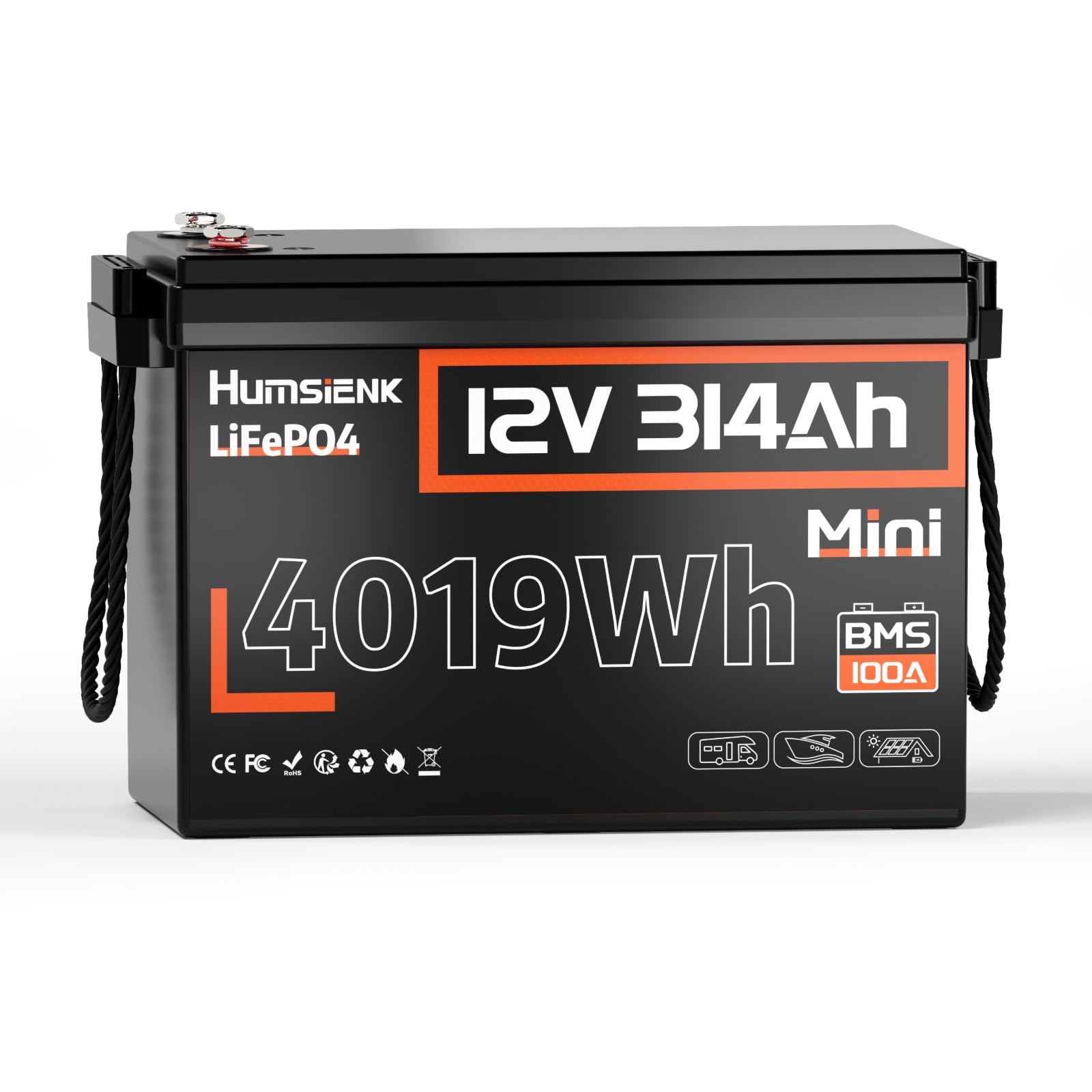 Akumulator litowy HumsiENK 12 V 300 Ah (314 Ah) LiFePO4, miniaturowy rozmiar, 200 A BMS z Bluetooth, 15 000+ głębokich cykli ładowania, 4019 Wh energii do zastosowań w pojazdach rekreacyjnych