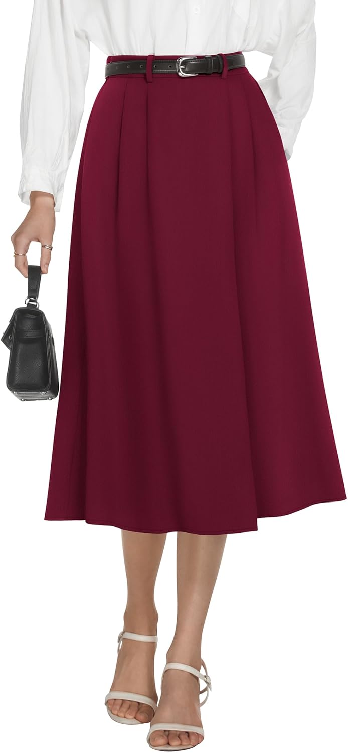 Casly Lamiit Women's High Waisted Midi Skirts Summer Business Skirt Flare Work A Line Pleated Skirt with Pockets