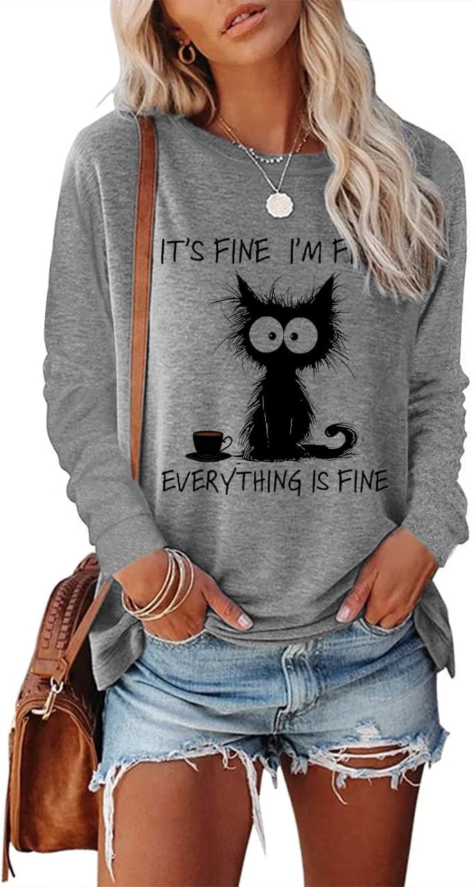 Womens Funny Saying I'm Fine Everything is Fine Sweatshirt Humor Graphic Tee Casual Loose Long Sleeve Cute Cat Tops