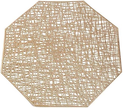 Xmkuwa Placemats 15 inch Pressed Vinyl Round Table Mates for Dining Table Set of 6, Washable Wipeable Kitchen Place Mat for Holiday Wedding Dinner Table Decoration Mat (Octagonal Gold, 6pcs)