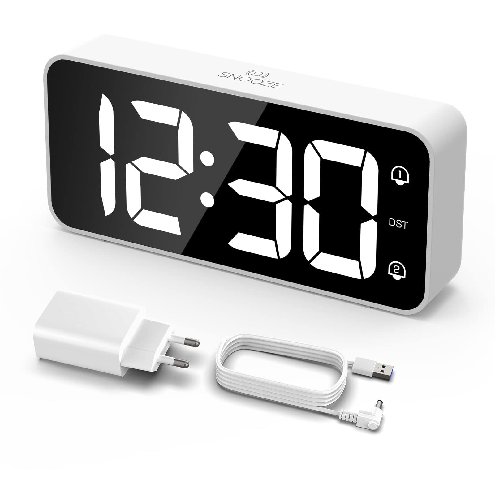 LATEC LED Digitaler Wecker mit 2 Alarme Snooze, Digital Uhr mit USB-Ladeanschluss, 0–100% Helligkeitsdimmer, 90–120 dB Lautstärke, 8 Klingeltönen, 12/24H, Netzbetrieben
