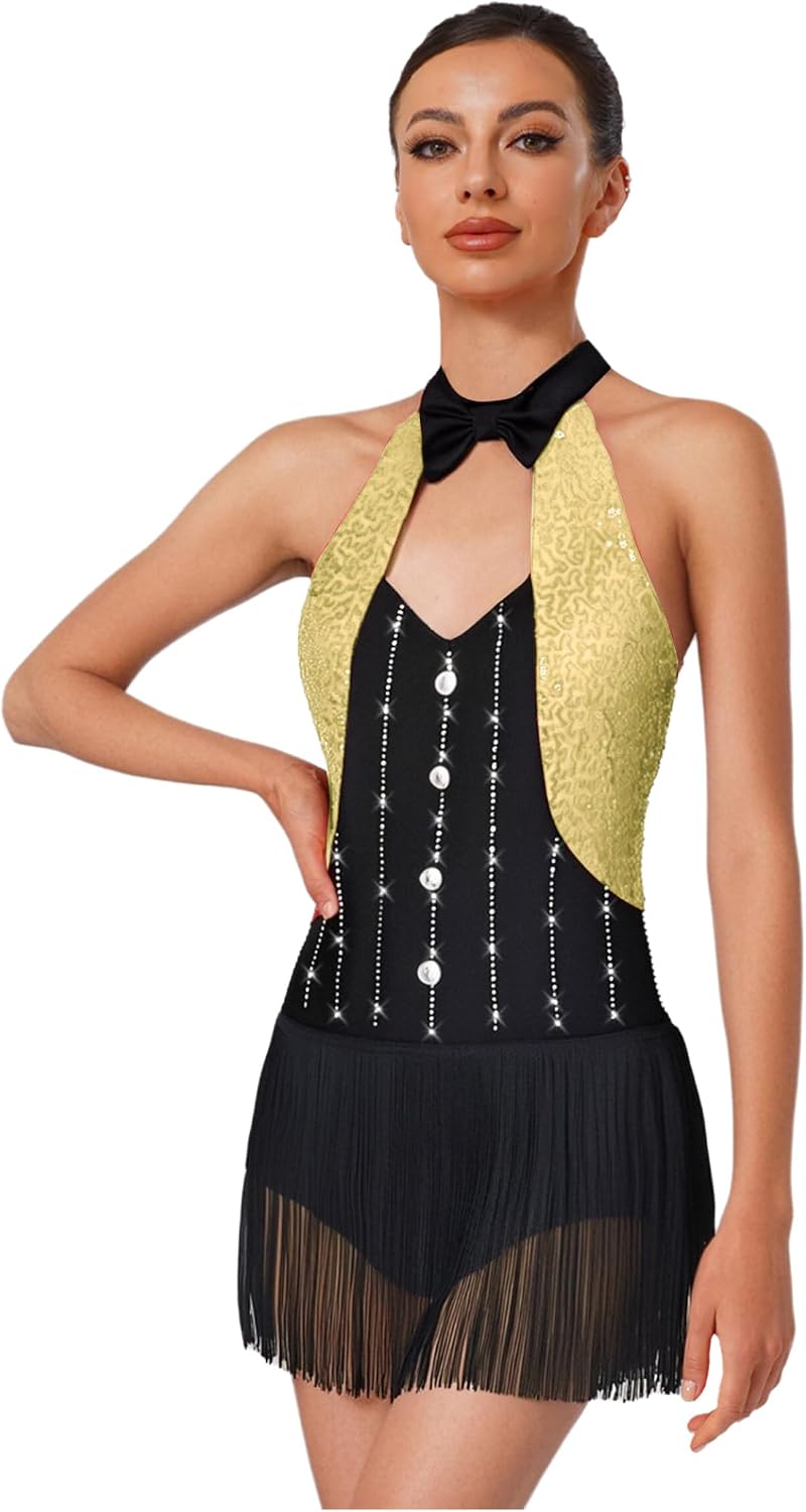 Women Sequin Fringe Tuxedo Bodysuit Latin Dance Leotard Ballroom Dance Costume Yellow Large