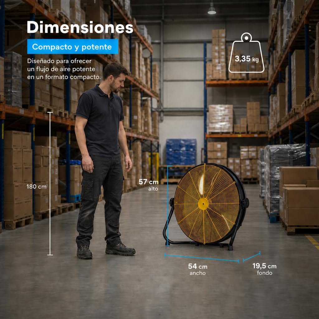 Ventilador Industrial de Suelo 130W – 3 Aspas Metálicas, 3 Velocidades, Flujo de Aire hasta 5.160 m³/h, Cabezal Orientable 180°, Motor AC, Uso Interior, Negro y Amarillo (130 W)