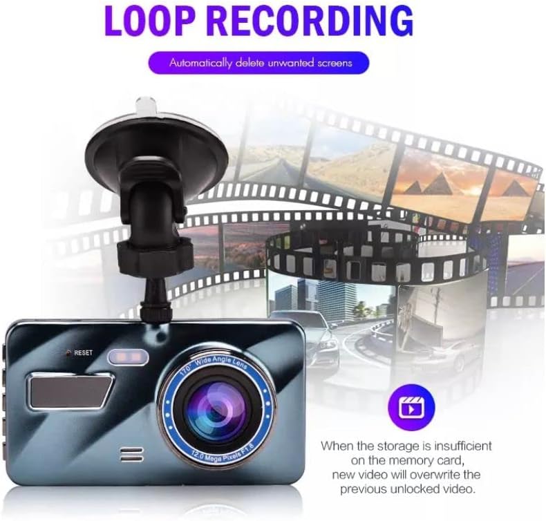Image illustrating the loop recording function, showing the DVR and film strips with cars, and text 'LOOP RECORDING Automatically delete unwanted screens'