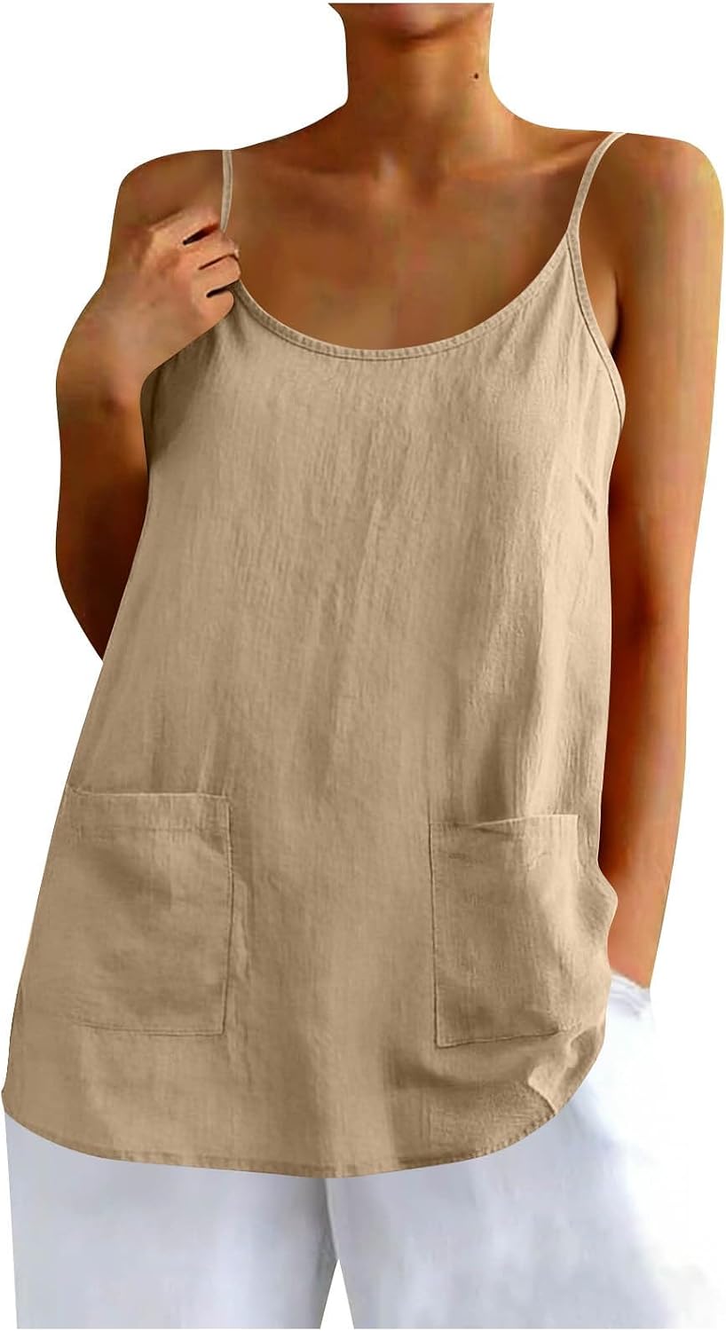 Womens Cotton Linen Tank Top Loose Spaghetti Strap Casual Summer Camisole Sleeveless Solid Color Shirts with Pocket