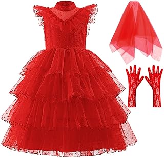 Lydia Deetz Costume for Girls Ghost Red Wedding dress Up Kids Halloween Pageant Dress Party Cosplay 3-12Y