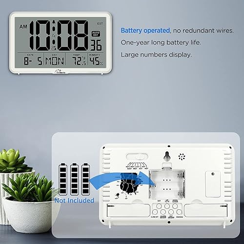 Miniatura 4 de WallarGe Reloj de pared digital de ajuste automático, funciona con pilas, relojes de escritorio con temperatura, humedad y fecha, reloj despertador
