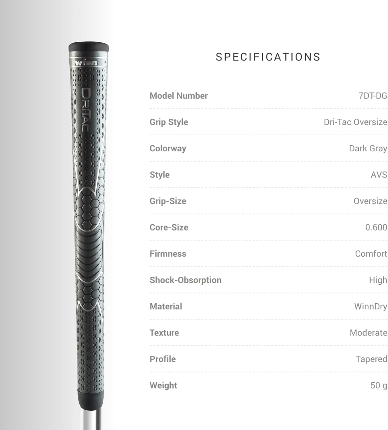 Winn Golf Grips DriTac Non-Slip Cushioned, Moisture-Wicking & Shock Absorption,AVS Technology, Hand Alignment & Lighter Grip Pressure,Tacky All Weather (Gray / Black, Oversize)