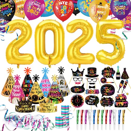 DPKOW 77pcs 2025 Nochevieja Cotillon Decoración, Fin de Año Gorros Photocall Fin de Año 2025 Globos Serpentinas Silbatos para Fiesta Fin de Año 2025 Cotillon Accesorios Decoración Nochevieja Año Nuevo