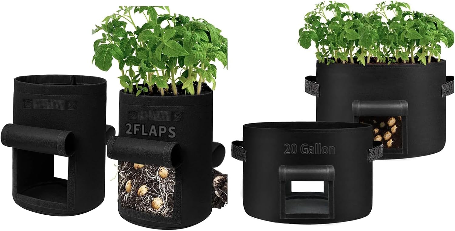 2-Pack 15-Gallon+2-Pack 20-Gallon Grow Bags with 2 Flaps and Reinforced Handles,Non-Woven Potato Grow Bags, Thickened Aeration Fabric Pots for Potatoes, Tomatoes, Flowers, and Vegetables