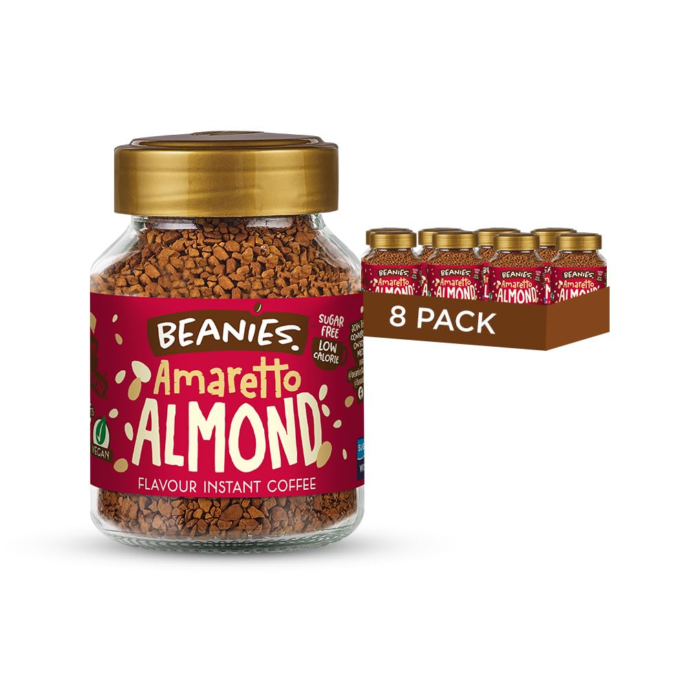 Beanies Instant Coffee with Amaretto Almond Flavour, 400g (50g x 8 Pack) - Freeze-Dried Granules, Quick & Easy to Brew, Nut-Free, Premium Taste,Rich in Flavour, Low-Calorie, Sugar-Free