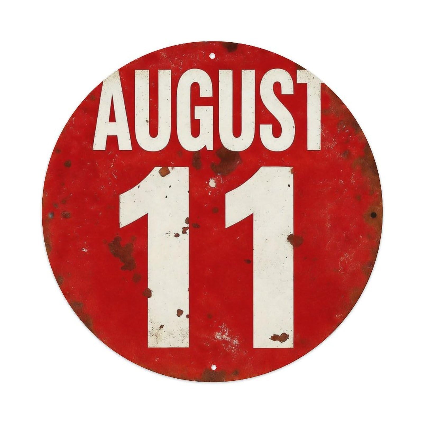 August Eleven Red Circle Sign Round Tin Sign Vintage Metal Poster Retro Bar, Home, Man Cave, Kitchen, Laundry Room Wall Art Decor Gift 8x8Inch