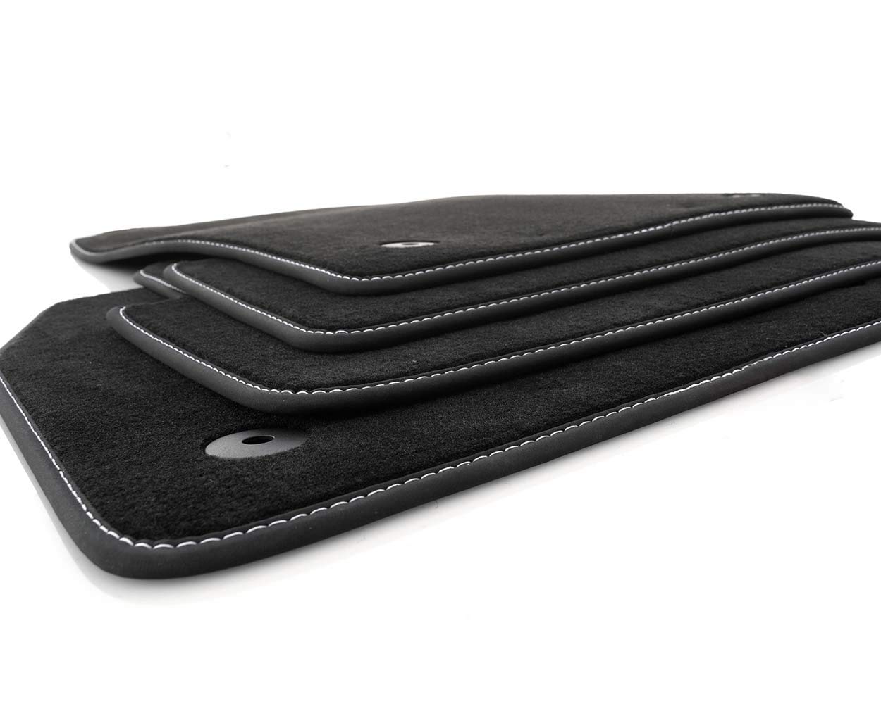 kh Teile Tapis de sol pour Polo 6 en velours de qualité supérieure, 4 pièces, noir, coutures décoratives blanches