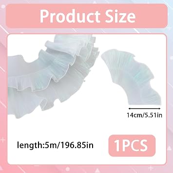 Organza Ribbon, 5m Iridescent Trim Fabric Ruffles, White Organza Ribbon for DIY Costumes, Wedding Decorations, Gift Wrapping, 14cm Width