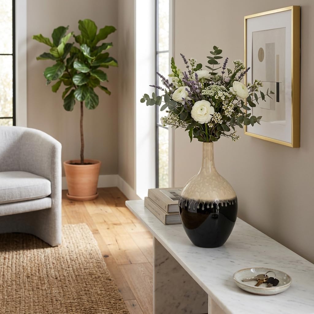 Ceramic Vase for Living Room Decor – Flower Vase for Bedroom, Table, Office, and House Decor – Decorative Accent for Home and Room Interior – 14", White and Brown