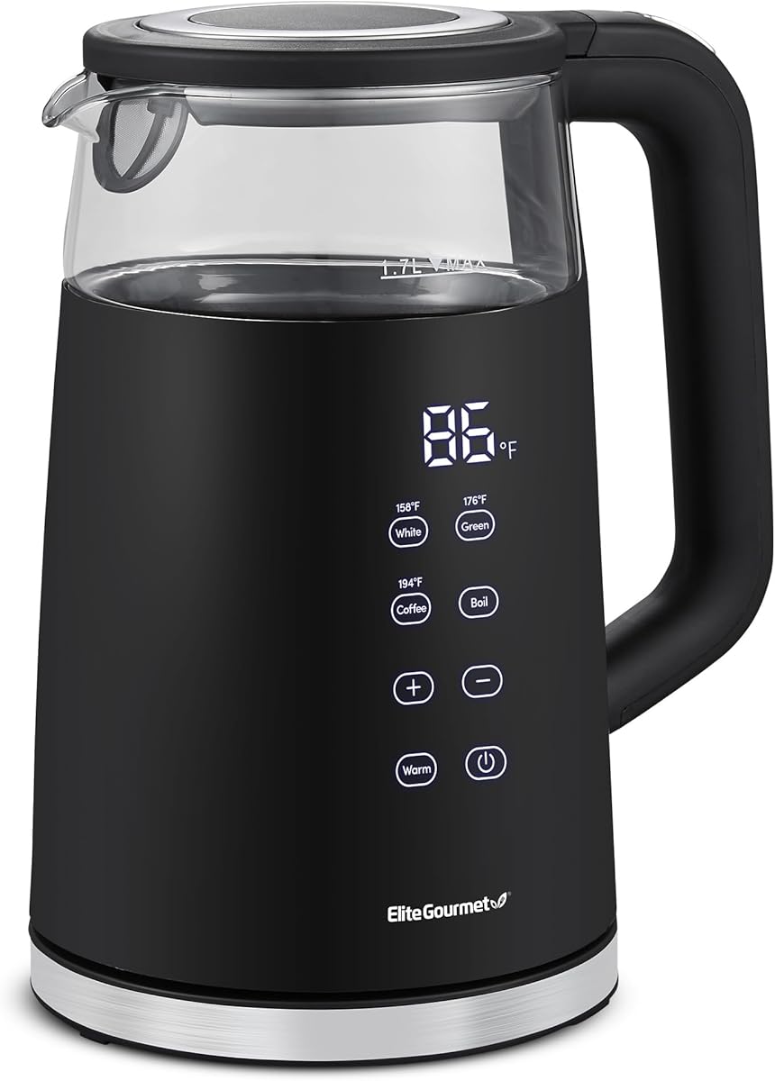 Elite Gourmet EKT8717 1.7L Dual Wall Cool Touch Electric Tea Kettle, Borosilicate Glass, 304 Stainless Steel Interior, Programmed Digital Touchscreen, Keep Warm, Auto Off & Audible Indicator, Black