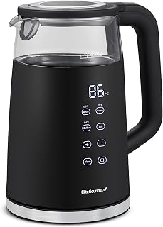 Elite Gourmet EKT8717 1.7L Cool Touch Electric Tea Kettle with Digital Touchscreen, Keep Warm, Borosilicate Glass, Black