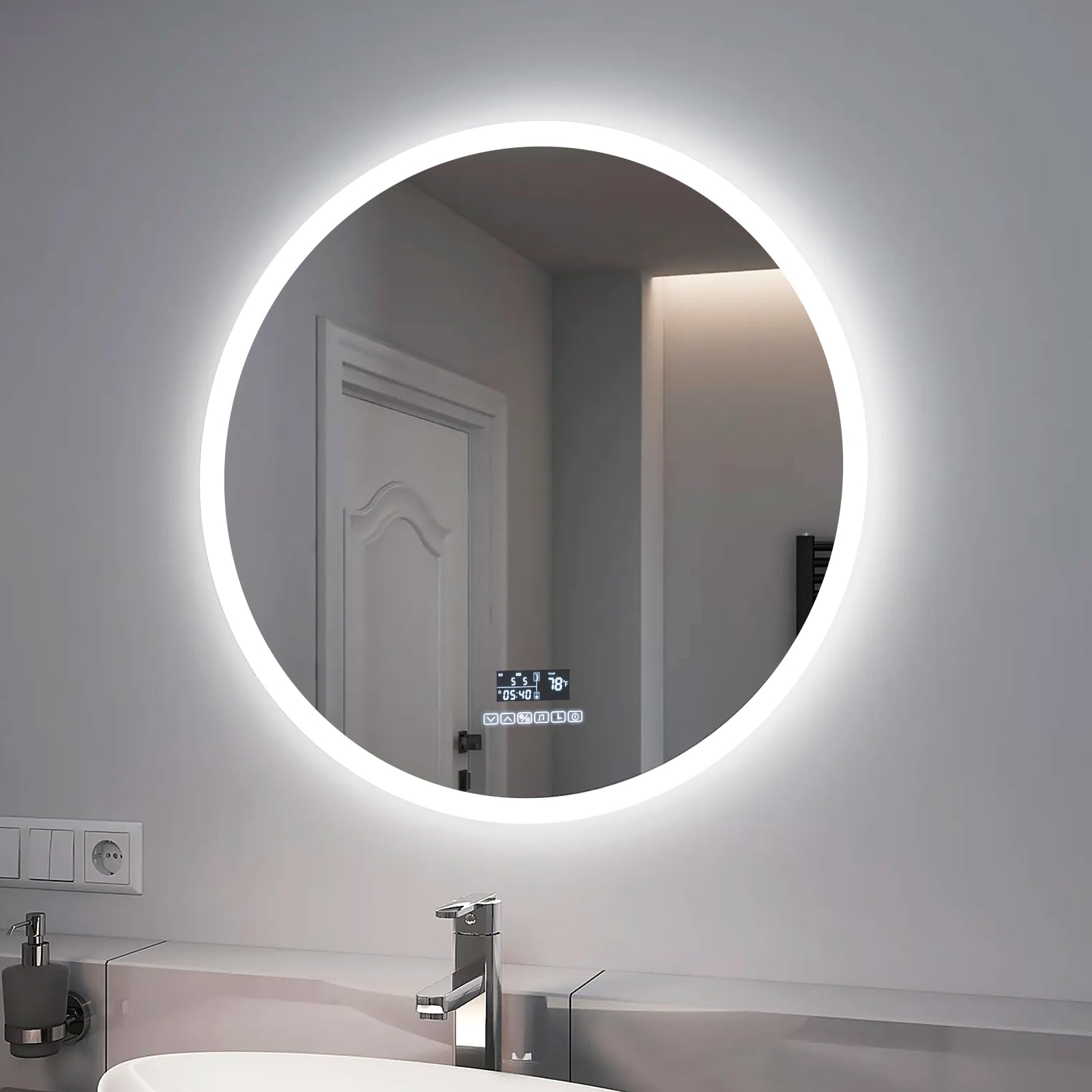 Genérico Espejo de Pared para baño LED Redondos 60x60CM con Interruptor táctil de iluminación y antivaho, Espejo de Pared con 3 Colores de luz Ajustables [Clase energética E]