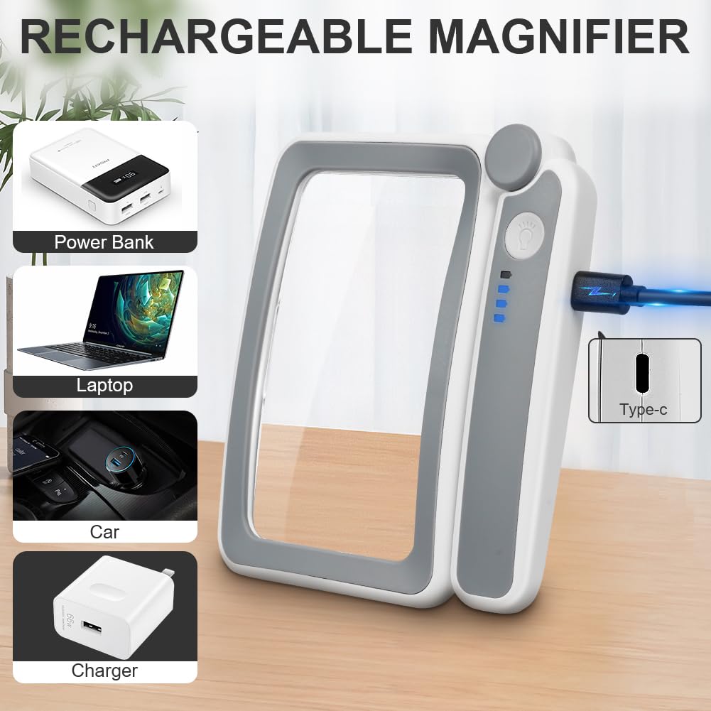 Vicloon Lupa Rectangular, Lupa con Luz 4X, Lupa Grande Plegable con 10 LED y 3 Modos de Luz Fría/Cálida, para Leer Libros de Baja, Páginas, Revistas, Tarjetas, Joyas, Periódicos, Artesanía y Mapas