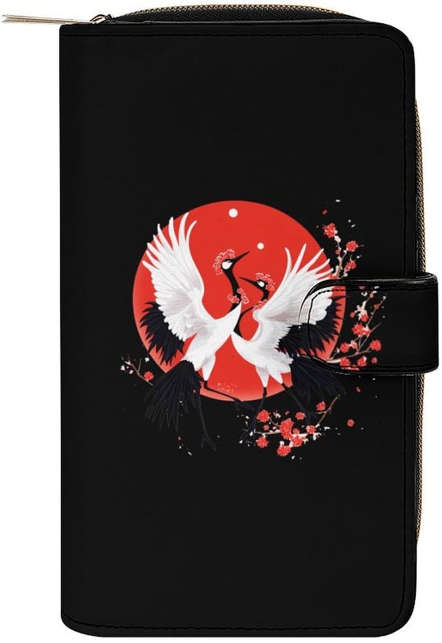 Japanese Red-crowned Crane Women's Long Wallet Leather Large Capacity Wristlet Clutch Purse Wallets