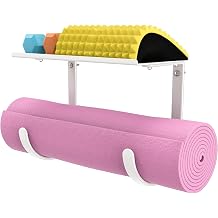 Yoga Mat Holder Wall Mount, No-Tie Mat Storage, Exercise Mat Storage Rack with Top Floating Shelf, Holding Yoga Blocks/Rollers and Pilates Mat, Workout Mat, Home Gym Equipment Accessories