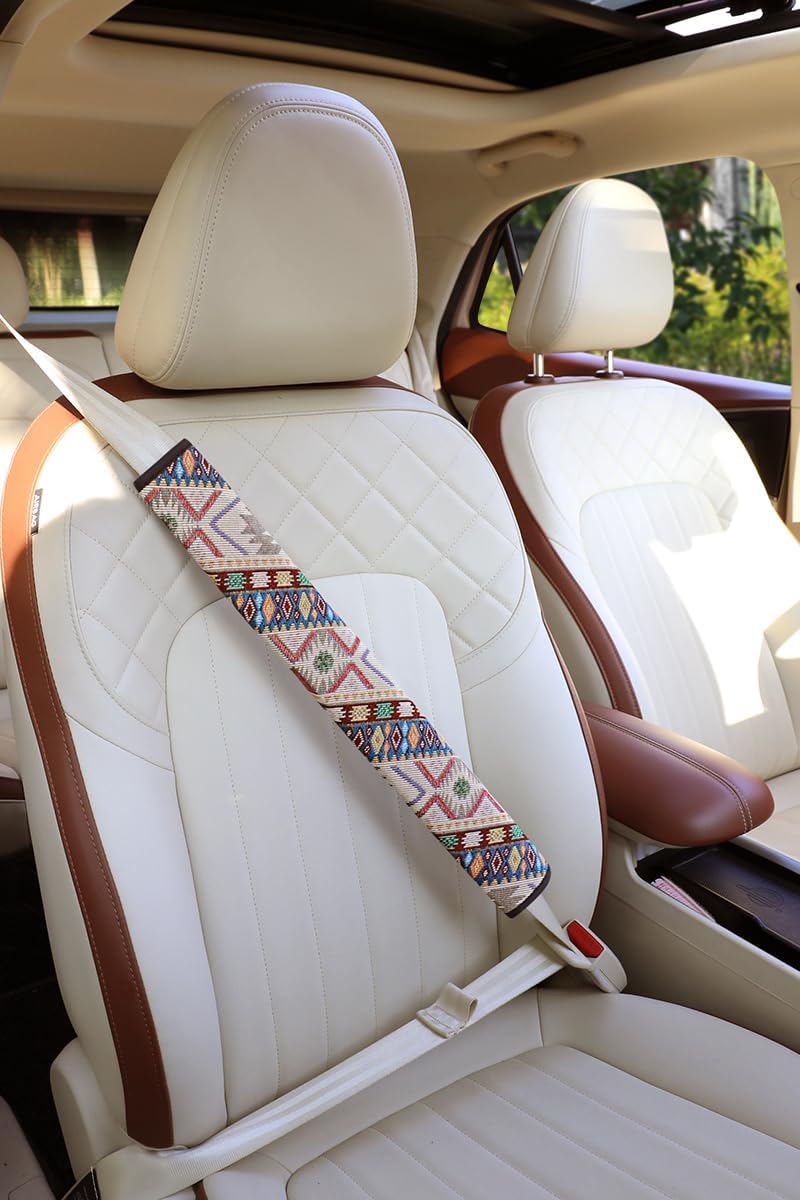 Boho Seat Belt Cover for Women, Aesthetic Car Seatbelt Shoulder Pad Cushion, Soft Neutral Car Accessories Interior Decor, Comfortable Seat Belt Protector for Wome (Ivory White)