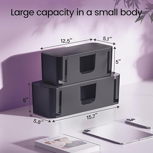 Miniatura 3 de DELAMU Paquete de 2 Cajas Organizadoras de Cables Negras Caja Ocultadora de Cables, Caja Organizadora de Cables de Alimentación Grande para Negro