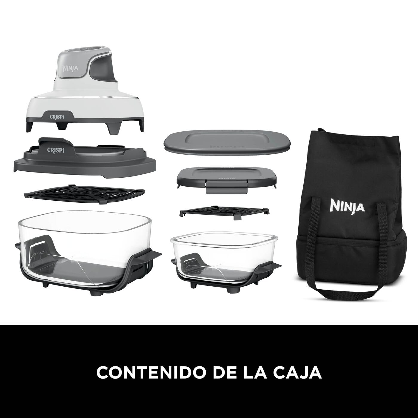 Ninja CRiSpi, Freidora de Aire Portátil, 3,8L y 1,4L, Blanco, FN102EU | 4 en 1: Freír con Aire, Asar, Mantener la Temperatura, Dorar, Compacta, 2 Recipientes de Cristal Extraíbles y Tapas, 1700W