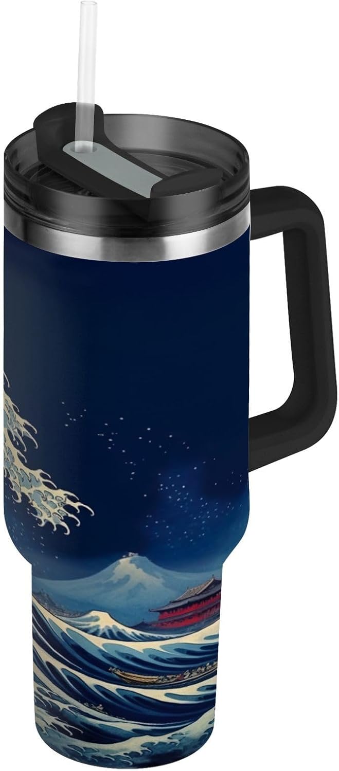 30 oz Great Wave Tumbler with Handle, Insulated Sports Water Bottle with Lid and Straw, Thermal Stainless Steel Travel Coffee Mug Cup#591