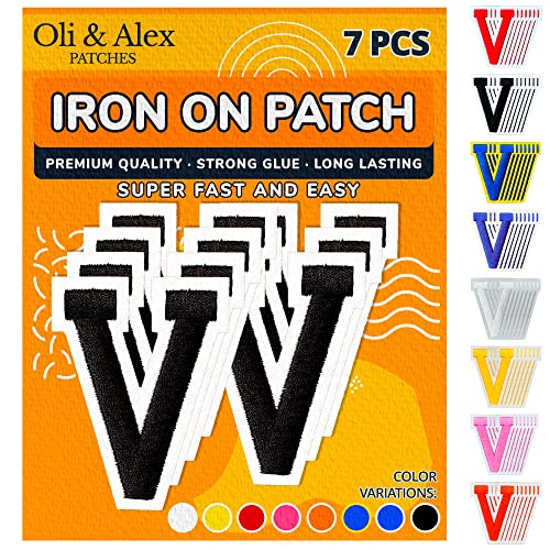 Oli and Alex Iron On Letters 2.4 inch - 7 pcs of V Black Patches Letters for Clothing - Super Glue - No sew Needed - Embroidery Alphabet Football Team School University - Black, V