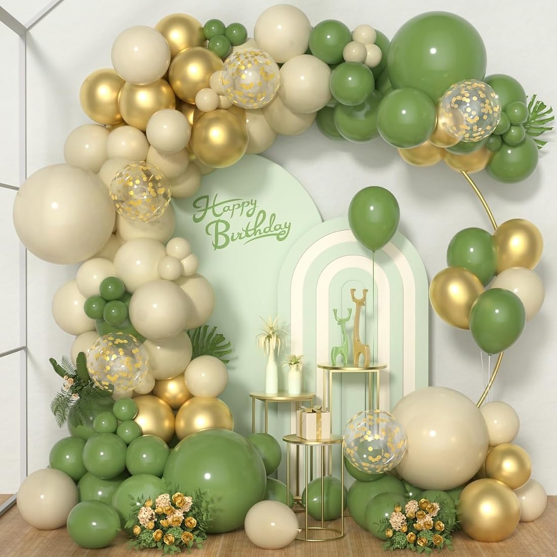 ARV ZONE Retro sage Green Theme Garland, 67 pcs Green Sand White Gold Chrome Balloon Arch kit for Birthday, Anniversary, Wedding, Baby Shower Decorations (Retro Green Balloons)