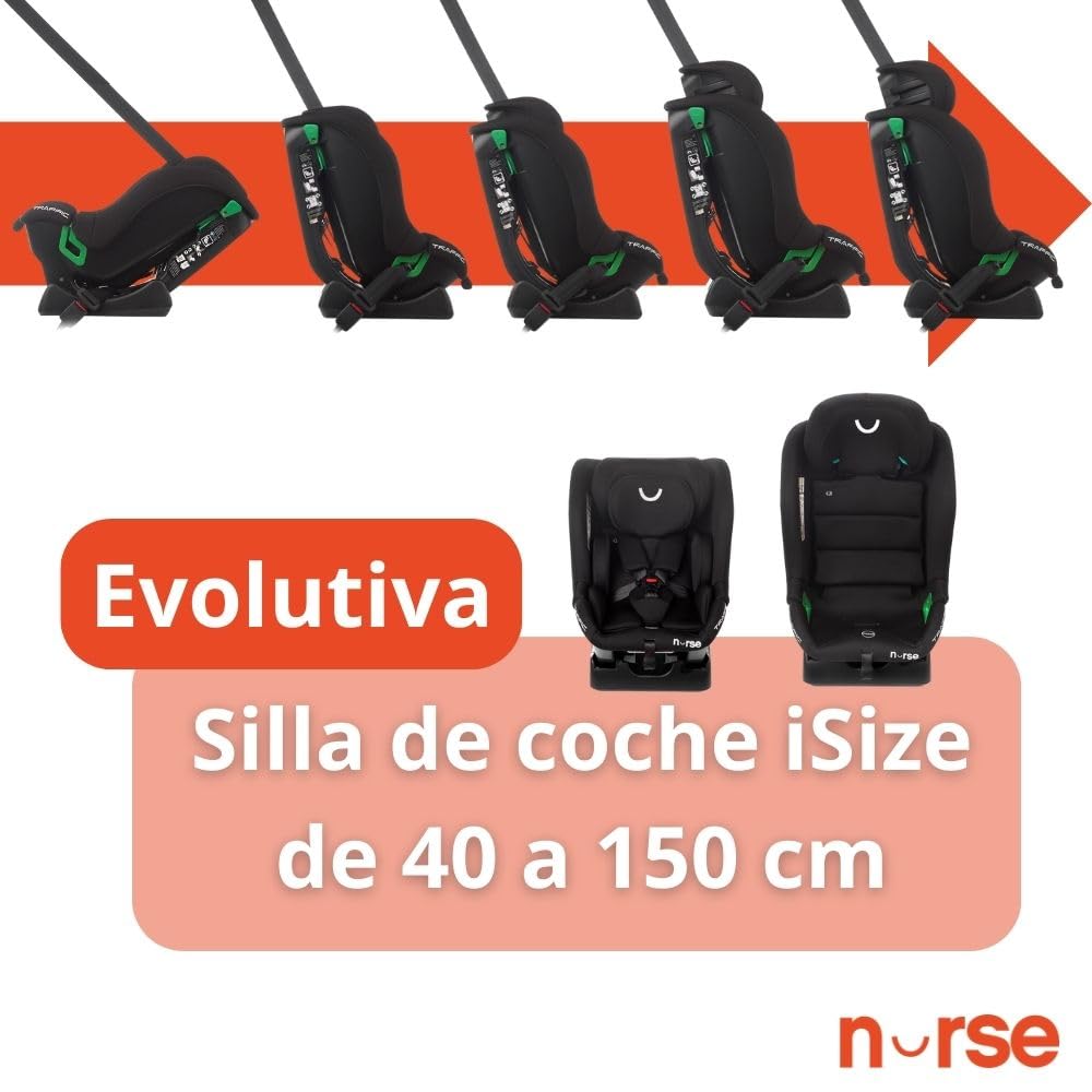 Nurse Traffic Silla de Coche i-Size 40-150 cm, 0-12 Años, Sin Isofix, Contramarcha, Reclinable, con Reductor, Instalación con Cinturón, Negro