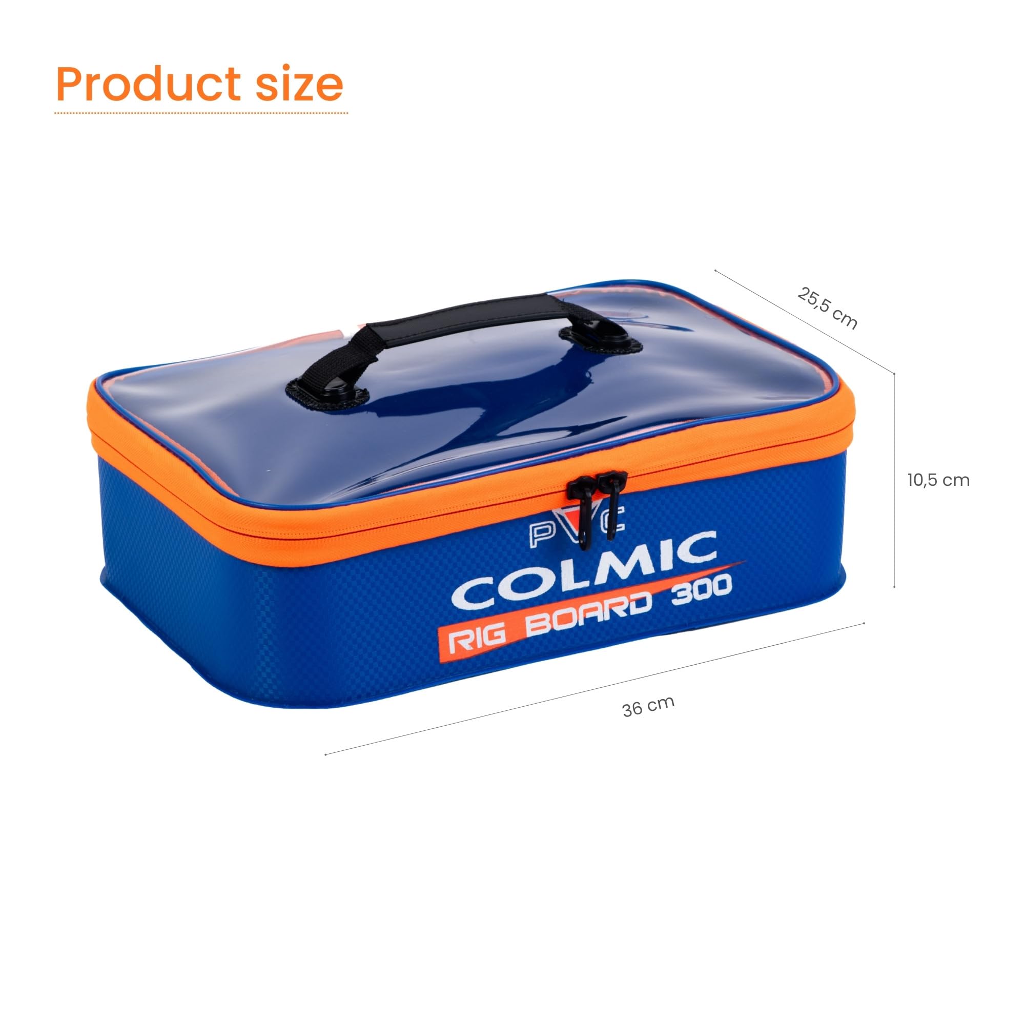 Colmic Wasserdichte PVC-Rig Board Box - EVA Rig Tasche mit transparentem Deckel, Anti-Shock Griff - Kompatibel mit 15 cm und 30 cm Rig Board, Blau und Orange, RIG BOARD 300, Wasserdichte