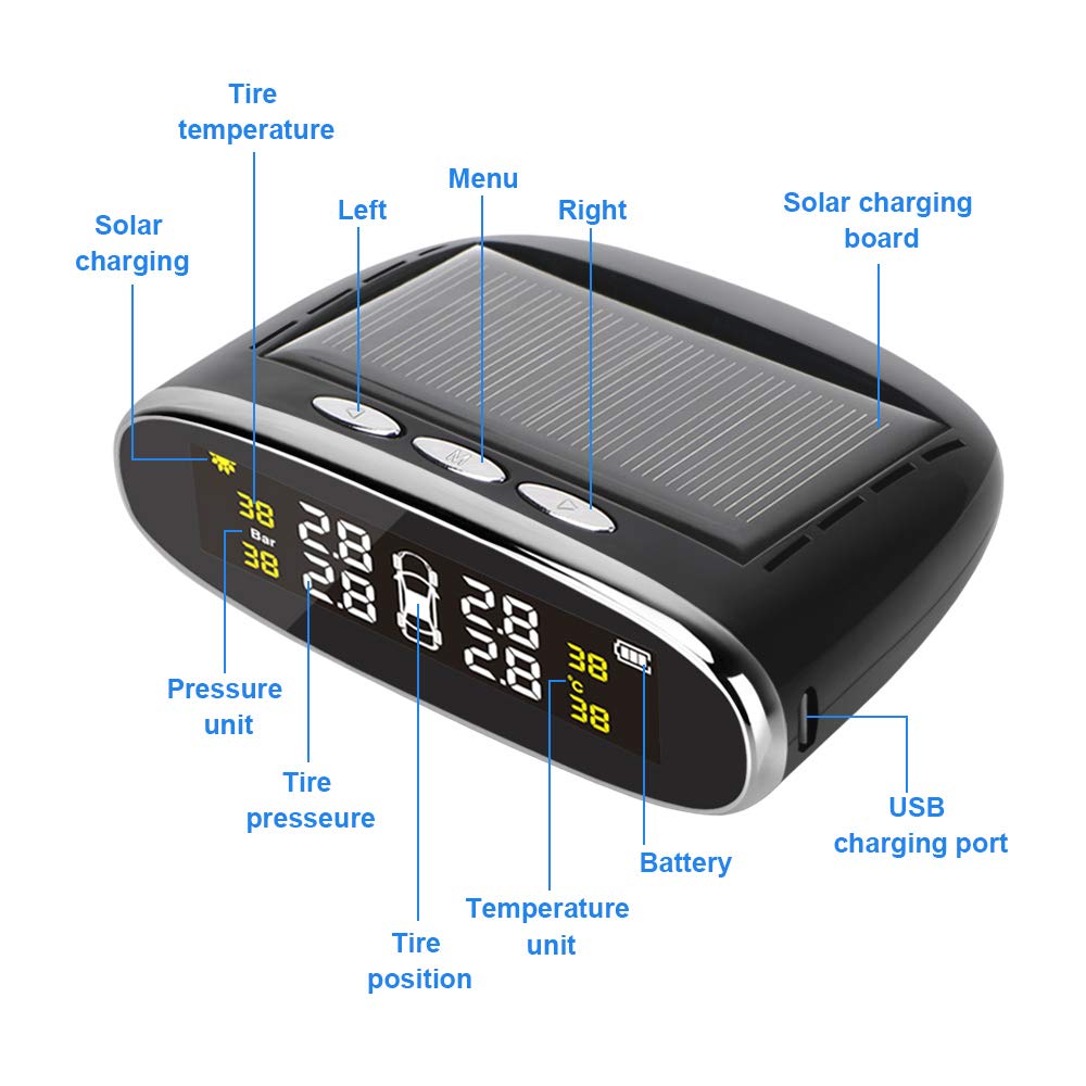 Tpms Sensori di pressione dei pneumatici for auto solari Sistema di monitoraggio Tester for pneumatici Strumenti diagnostici Kit di allarme Accessori automobilistici digitali Pressione Pneumatici(Inte