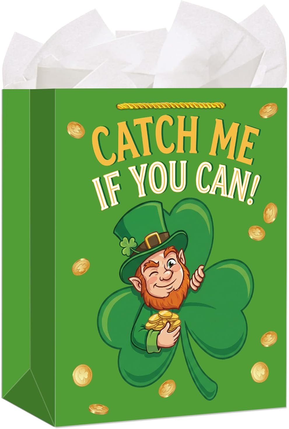 WhatSign St.Patrick's Day Gift Bag - Large Green Lucky Leprechaun Gift Wrap Bag Catch Me If You Can Shamrock & Gold Coins Design Festive Irish Holiday Party Supplies for All Ages